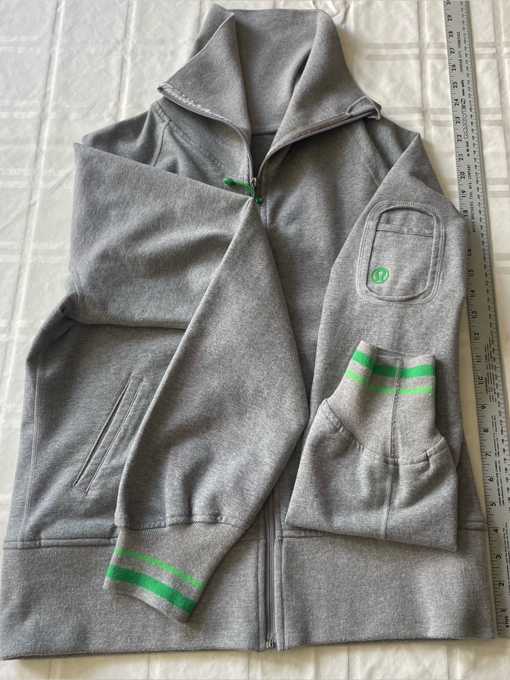 Lululemon Athletica Gray Zip-Up Hoodie with Green Stripe Accents